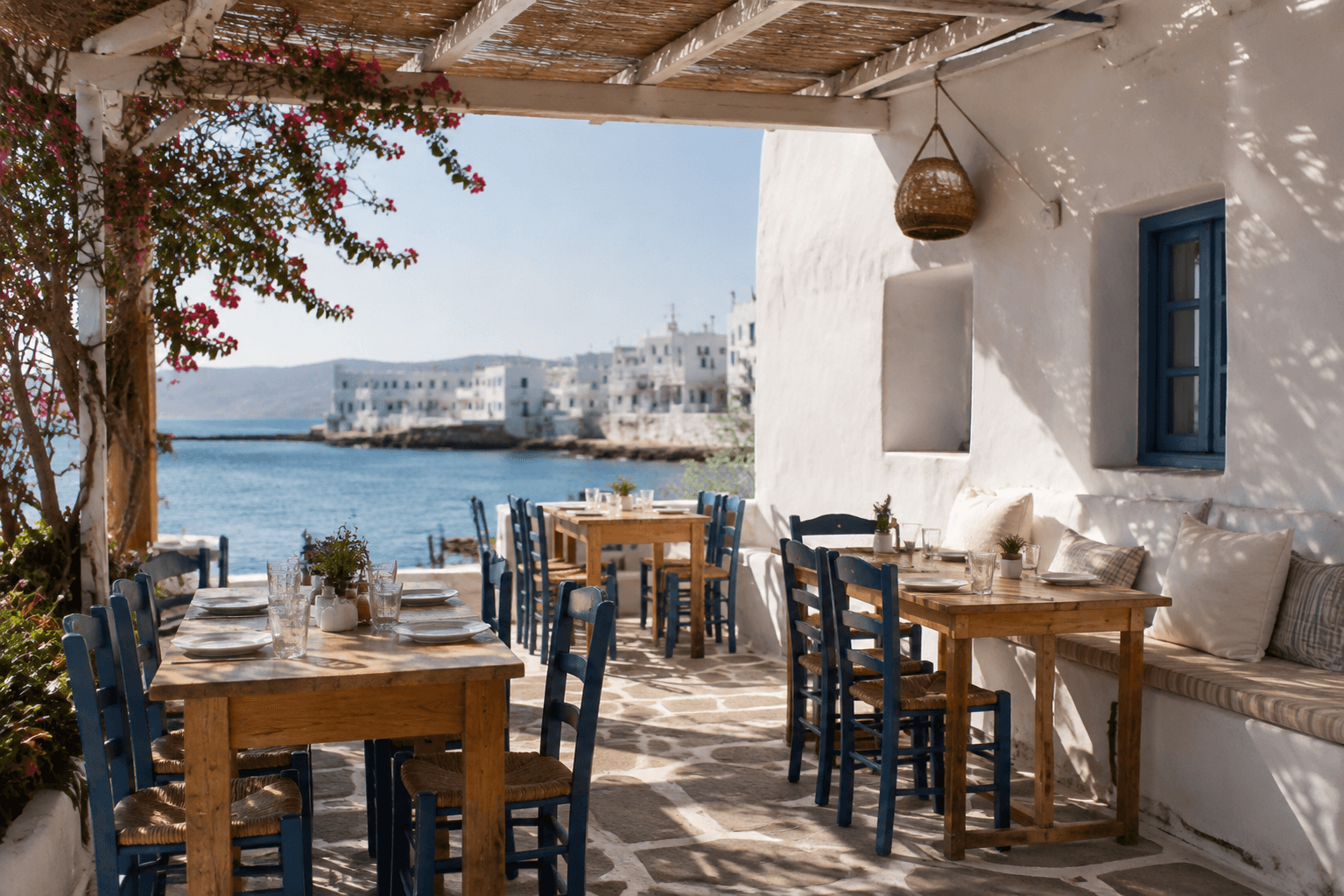 A welcoming Greek island taverna terrace overlooking the sea