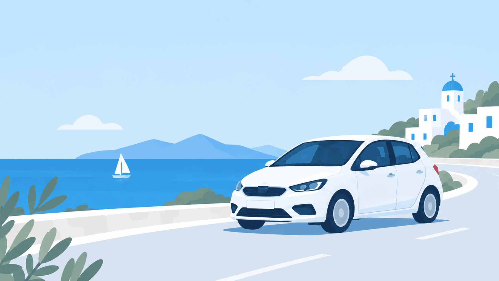 A compact rental car on a coastal road in the Cyclades